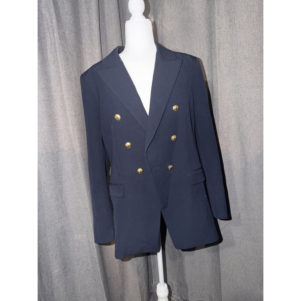 Zara Navy Blue Double Breasted Blazer Gold Crest Buttons Size Large L